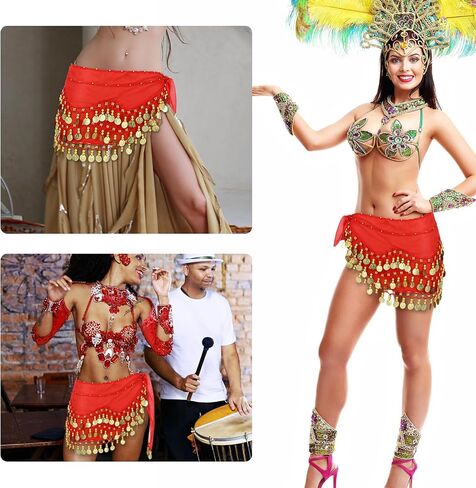 Belly Dance Skirt, Coin Belt Hip Scarf with Sequins and Coins, Performance Belly Dancer Costume for Women 128 Coins in Saudi Arabia