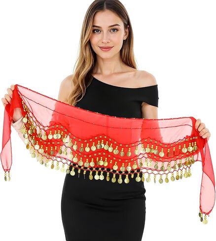 Belly Dance Skirt, Coin Belt Hip Scarf with Sequins and Coins, Performance Belly Dancer Costume for Women 128 Coins in Saudi Arabia