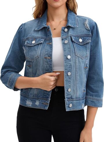 Womens Denim Jacket 3/4 Sleeve Button Down Washed Distressed Cropped Jean Jackets in Saudi Arabia