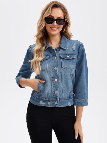 Womens Denim Jacket 3/4 Sleeve Button Down Washed Distressed Cropped Jean Jackets in Saudi Arabia