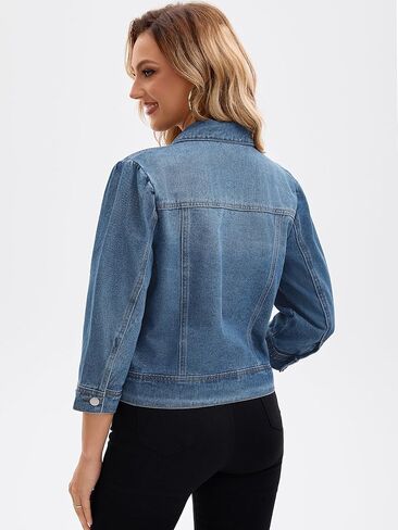 Womens Denim Jacket 3/4 Sleeve Button Down Washed Distressed Cropped Jean Jackets in Saudi Arabia