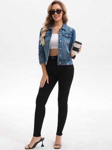 Womens Denim Jacket 3/4 Sleeve Button Down Washed Distressed Cropped Jean Jackets in Saudi Arabia