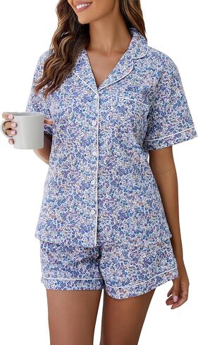 LUBOT 100% Cotton Pajamas for Women 2 Piece PJ Set Woven Poplin Ladies Button Down Short Sleeve Summer Sleepwear S-XXL in Saudi Arabia