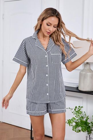 LUBOT 100% Cotton Pajamas for Women 2 Piece PJ Set Woven Poplin Ladies Button Down Short Sleeve Summer Sleepwear S-XXL in Saudi Arabia