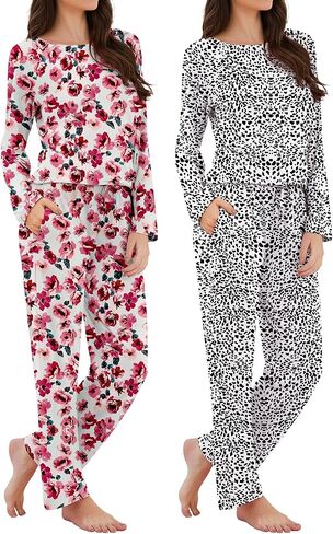 Xelky 2 Pack Womens Pajamas Set Long Sleeve Pajama Tops and Pants Sleepwear Soft Lounge Sets with Pocket in Saudi Arabia