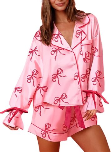 Yuemengxuan Valentine's Day Pajamas for Women 2 Piece Satin Silk Pajamas Set Bow Tie Sleeve Shirt Shorts Cute Graphic Pj Set in Saudi Arabia