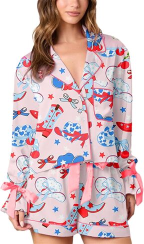 Yuemengxuan Valentine's Day Pajamas for Women 2 Piece Satin Silk Pajamas Set Bow Tie Sleeve Shirt Shorts Cute Graphic Pj Set in Saudi Arabia