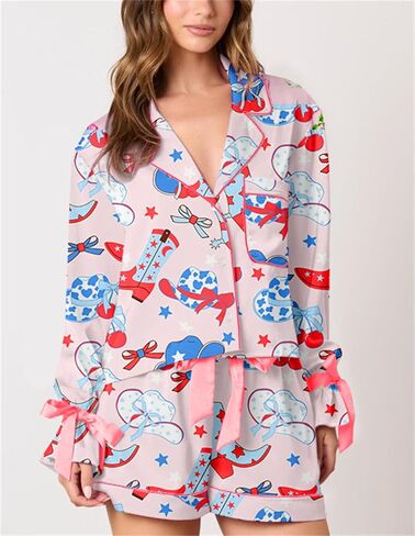 Yuemengxuan Valentine's Day Pajamas for Women 2 Piece Satin Silk Pajamas Set Bow Tie Sleeve Shirt Shorts Cute Graphic Pj Set in Saudi Arabia