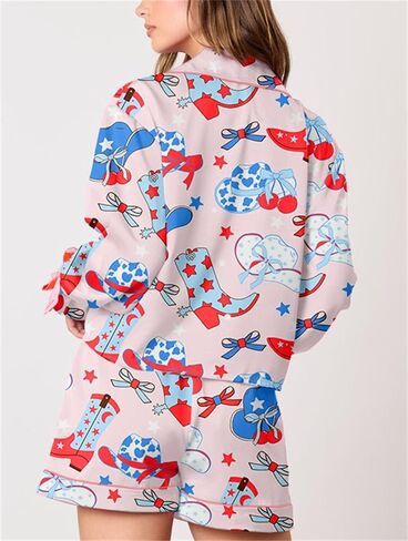 Yuemengxuan Valentine's Day Pajamas for Women 2 Piece Satin Silk Pajamas Set Bow Tie Sleeve Shirt Shorts Cute Graphic Pj Set in Saudi Arabia