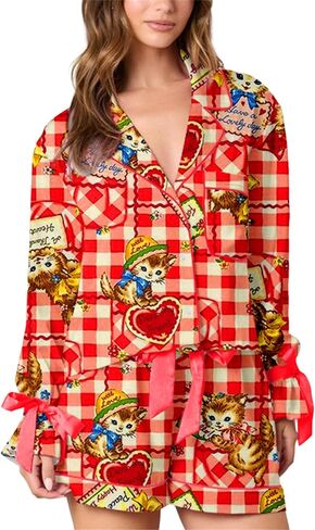 Yuemengxuan Valentine's Day Pajamas for Women 2 Piece Satin Silk Pajamas Set Bow Tie Sleeve Shirt Shorts Cute Graphic Pj Set in Saudi Arabia