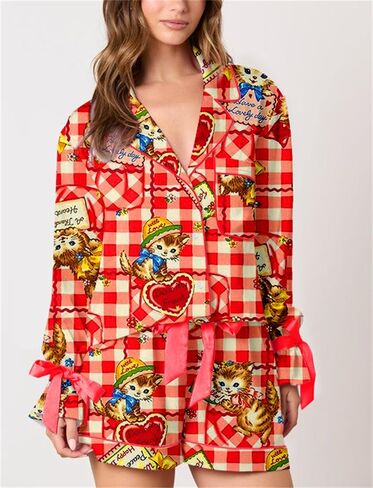 Yuemengxuan Valentine's Day Pajamas for Women 2 Piece Satin Silk Pajamas Set Bow Tie Sleeve Shirt Shorts Cute Graphic Pj Set in Saudi Arabia