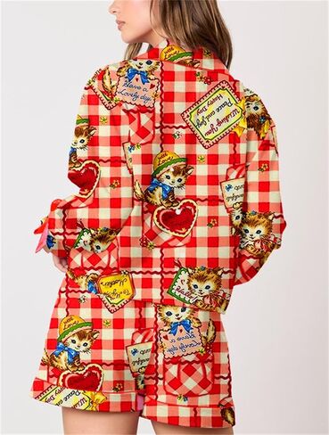 Yuemengxuan Valentine's Day Pajamas for Women 2 Piece Satin Silk Pajamas Set Bow Tie Sleeve Shirt Shorts Cute Graphic Pj Set in Saudi Arabia