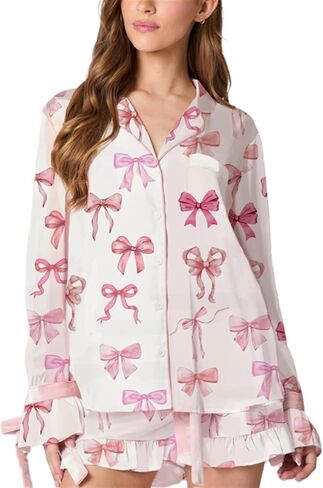 Yuemengxuan Valentine's Day Pajamas for Women 2 Piece Satin Silk Pajamas Set Bow Tie Sleeve Shirt Shorts Cute Graphic Pj Set in Saudi Arabia