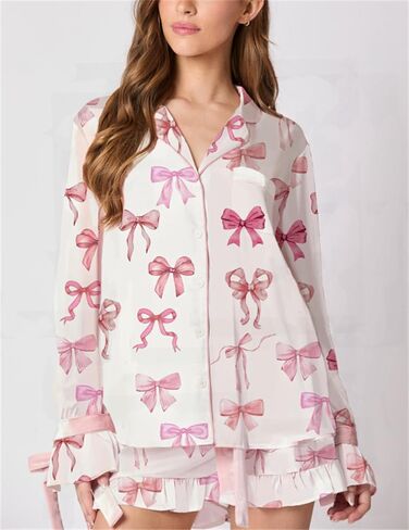 Yuemengxuan Valentine's Day Pajamas for Women 2 Piece Satin Silk Pajamas Set Bow Tie Sleeve Shirt Shorts Cute Graphic Pj Set in Saudi Arabia