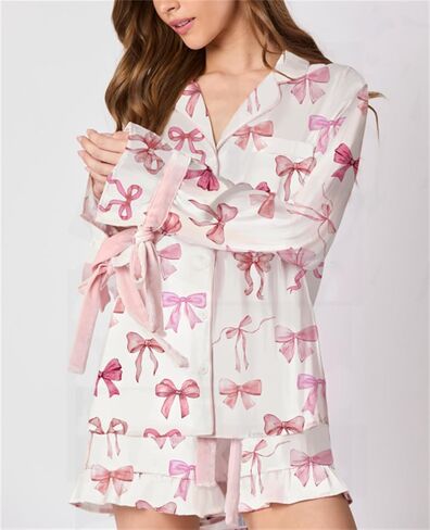 Yuemengxuan Valentine's Day Pajamas for Women 2 Piece Satin Silk Pajamas Set Bow Tie Sleeve Shirt Shorts Cute Graphic Pj Set in Saudi Arabia