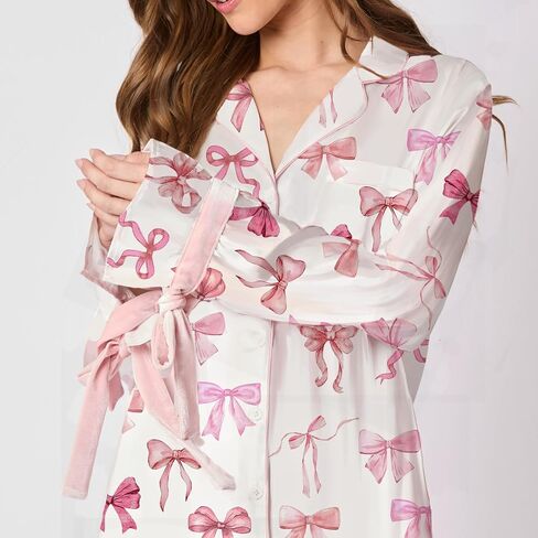 Yuemengxuan Valentine's Day Pajamas for Women 2 Piece Satin Silk Pajamas Set Bow Tie Sleeve Shirt Shorts Cute Graphic Pj Set in Saudi Arabia