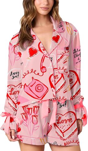 Yuemengxuan Valentine's Day Pajamas for Women 2 Piece Satin Silk Pajamas Set Bow Tie Sleeve Shirt Shorts Cute Graphic Pj Set in Saudi Arabia