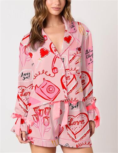 Yuemengxuan Valentine's Day Pajamas for Women 2 Piece Satin Silk Pajamas Set Bow Tie Sleeve Shirt Shorts Cute Graphic Pj Set in Saudi Arabia