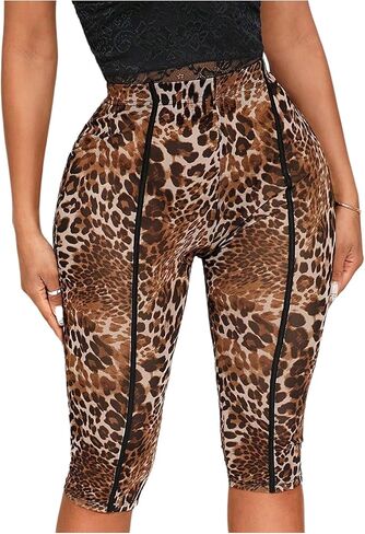 SweatyRocks Women's High Waist Sheer Mesh Leopard Capris Leggings Yoga Workout Pants in Kuwait