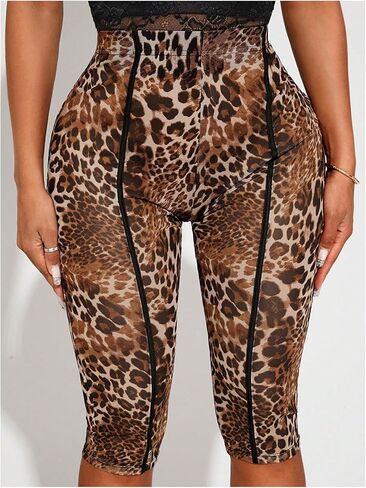 SweatyRocks Women's High Waist Sheer Mesh Leopard Capris Leggings Yoga Workout Pants in Kuwait