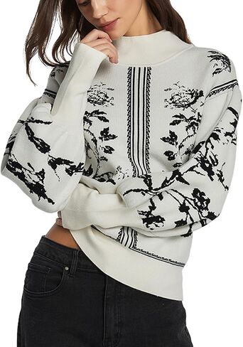 Women's Turtleneck Sweater Print Long Lantern Sleeve Fall Fashion 2025 Trendy Knit Pullover Tops in Saudi Arabia