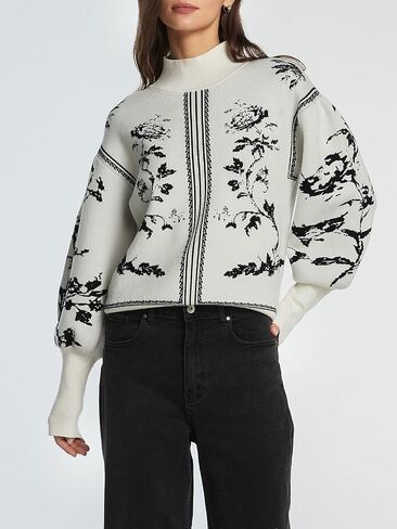 Women's Turtleneck Sweater Print Long Lantern Sleeve Fall Fashion 2025 Trendy Knit Pullover Tops in Saudi Arabia