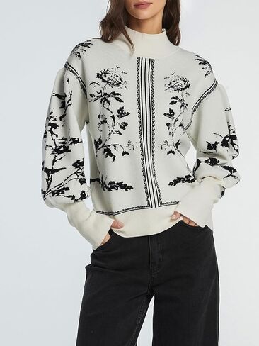 Women's Turtleneck Sweater Print Long Lantern Sleeve Fall Fashion 2025 Trendy Knit Pullover Tops in Saudi Arabia