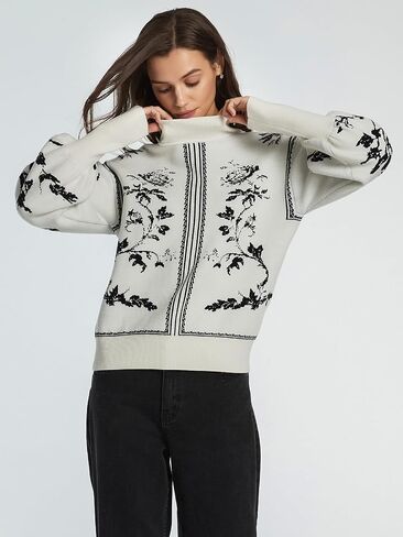Women's Turtleneck Sweater Print Long Lantern Sleeve Fall Fashion 2025 Trendy Knit Pullover Tops in Saudi Arabia