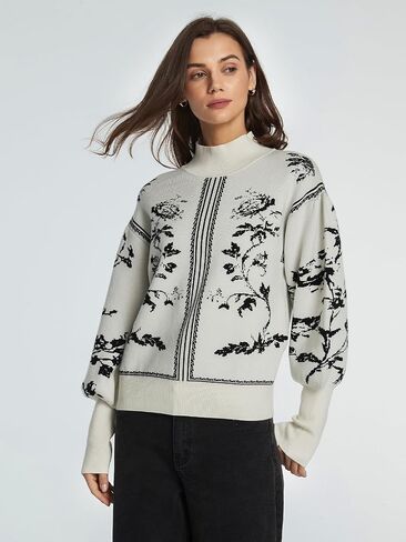 Women's Turtleneck Sweater Print Long Lantern Sleeve Fall Fashion 2025 Trendy Knit Pullover Tops in Saudi Arabia