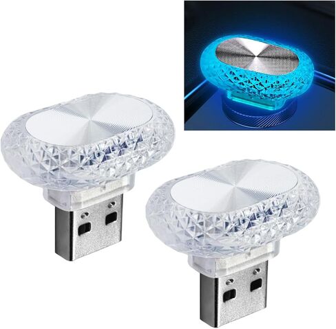 قطعتان من ضوء الليل الداخلي للسيارة USB LED، ديكور صغير من الكريستال Neno Ambient Light للسيارة، مصباح جو داخلي للسيارة، واجهة USB مدمجة، طقم إضاءة محيطة تلقائي لصندوق السيارة (أزرق) in Saudi Arabia