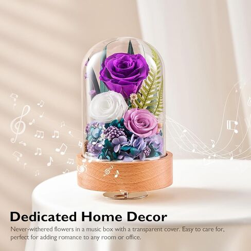 زهور فور إيفر للتسليم، هدايا الورود المحفوظة للنساء - هدايا عيد ميلاد للأم والزوجة والجدة، صندوق موسيقى مع قاعدة خشبية دوارة لعيد الميلاد في عيد الحب (أحمر، أسطواني) in Kuwait