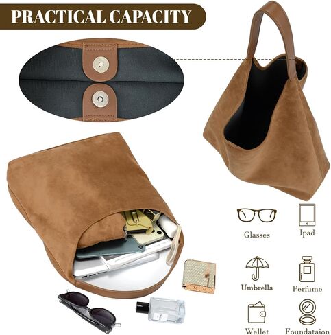 Suede Hobo Tote Bag for Women Stylish Slouchy Shoulder Bag Soft Leather Handbag Suede Purses for Work Everyday in Saudi Arabia