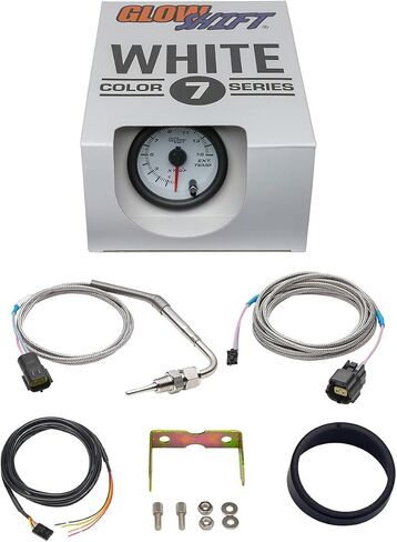 GlowShift White 7 Color 1500 F البيرومتر مجموعة قياس درجة حرارة غاز العادم EGT - تتضمن مسبار من النوع K - قرص أبيض - عدسة شفافة - لشاحنات الديزل - 2-1/16 بوصة 52 مم in Kuwait