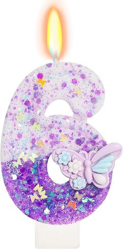 Purple Butterfly Number 6 Candle, 6th Birthday Decorations for Girls, Glitter Butterfly Cake Topper with Sequins for Party Supplies & Favors in Kuwait