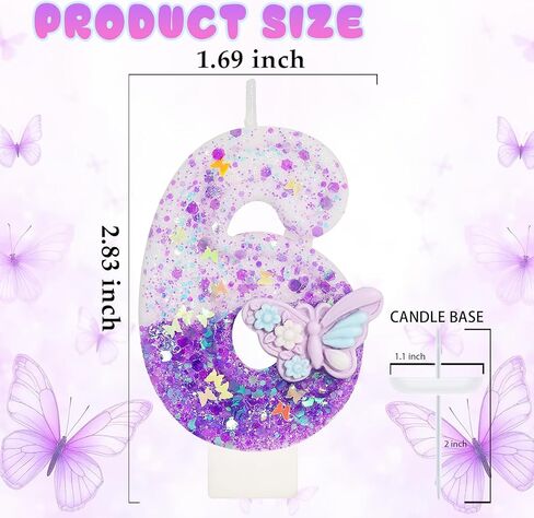 Purple Butterfly Number 6 Candle, 6th Birthday Decorations for Girls, Glitter Butterfly Cake Topper with Sequins for Party Supplies & Favors in Kuwait
