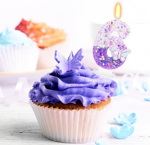 Purple Butterfly Number 6 Candle, 6th Birthday Decorations for Girls, Glitter Butterfly Cake Topper with Sequins for Party Supplies & Favors in Kuwait