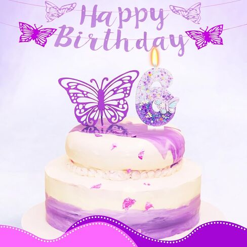 Purple Butterfly Number 6 Candle, 6th Birthday Decorations for Girls, Glitter Butterfly Cake Topper with Sequins for Party Supplies & Favors in Kuwait