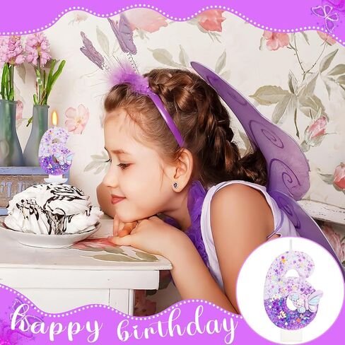Purple Butterfly Number 6 Candle, 6th Birthday Decorations for Girls, Glitter Butterfly Cake Topper with Sequins for Party Supplies & Favors in Kuwait