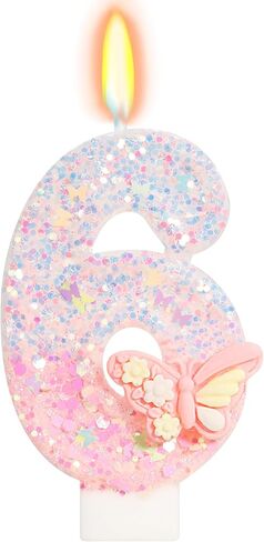 Purple Butterfly Number 6 Candle, 6th Birthday Decorations for Girls, Glitter Butterfly Cake Topper with Sequins for Party Supplies & Favors in Kuwait