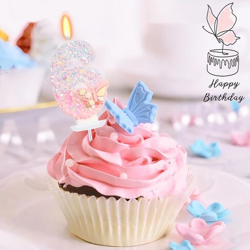 Purple Butterfly Number 6 Candle, 6th Birthday Decorations for Girls, Glitter Butterfly Cake Topper with Sequins for Party Supplies & Favors in Kuwait