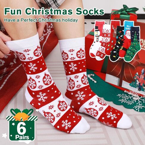 Christmas Socks for Men Women: 6 Pairs Holiday Socks Cotton Cozy Xmas Crew Socks for Family Friends Gift Chirstmas in Saudi Arabia