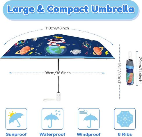 Autoamtic Kids Umbrella UV Resistant, Folding Compact Umbrella 360° Reflective Strip for Travel Outdoor, Lightweight Cute Kids Parasol Anti-rebound Safe for Toddler in Saudi Arabia