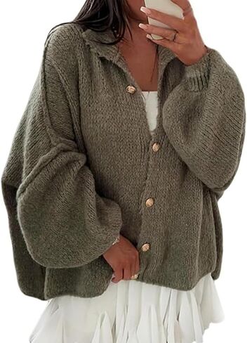 Women's Winter Button Down Cardigan Sweaters Loose Fall Sweater Coats Mock Neck Lantern Long Sleeve Chunky Knit Jacket in Saudi Arabia
