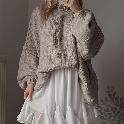 Women's Winter Button Down Cardigan Sweaters Loose Fall Sweater Coats Mock Neck Lantern Long Sleeve Chunky Knit Jacket in Saudi Arabia