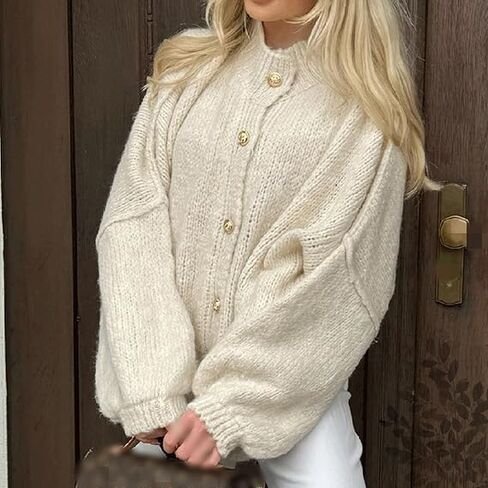 Women's Winter Button Down Cardigan Sweaters Loose Fall Sweater Coats Mock Neck Lantern Long Sleeve Chunky Knit Jacket in Saudi Arabia