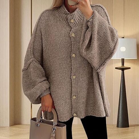 Women's Winter Button Down Cardigan Sweaters Loose Fall Sweater Coats Mock Neck Lantern Long Sleeve Chunky Knit Jacket in Saudi Arabia