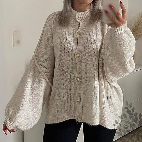 Women's Winter Button Down Cardigan Sweaters Loose Fall Sweater Coats Mock Neck Lantern Long Sleeve Chunky Knit Jacket in Saudi Arabia