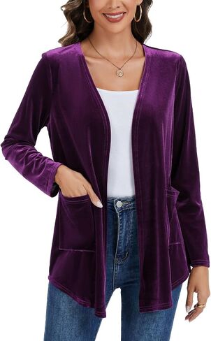 Women's Velvet Cardigan Long Sleeve Open Front Irregular Tailored Cardigans Jacket Blazer Coat with Pockets in Saudi Arabia