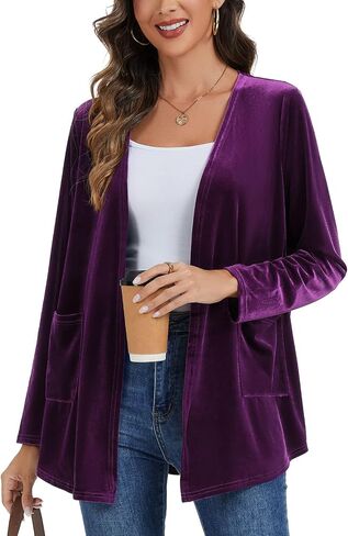 Women's Velvet Cardigan Long Sleeve Open Front Irregular Tailored Cardigans Jacket Blazer Coat with Pockets in Saudi Arabia