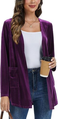 Women's Velvet Cardigan Long Sleeve Open Front Irregular Tailored Cardigans Jacket Blazer Coat with Pockets in Saudi Arabia
